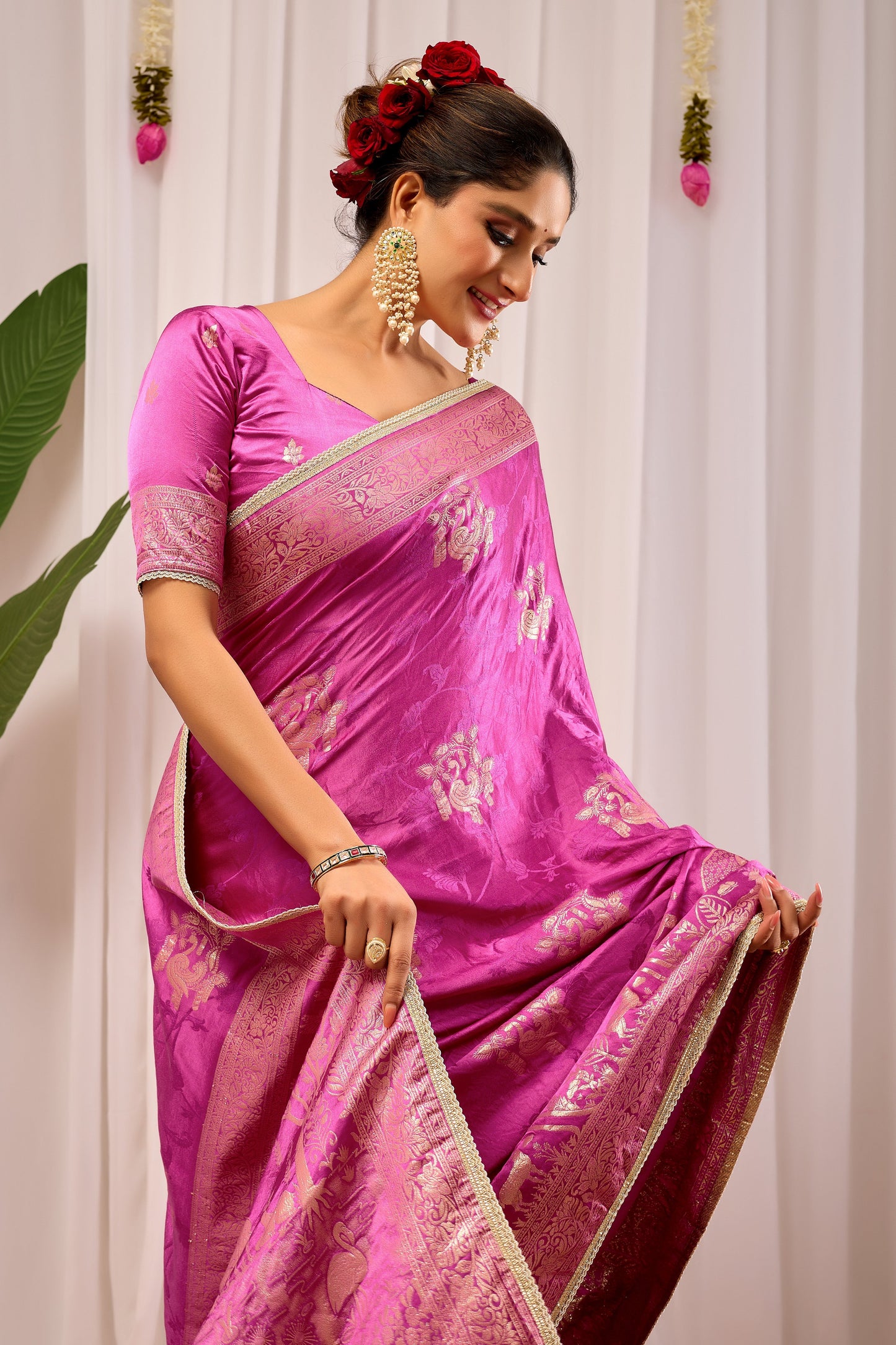 Royal Orchid Pink Satin Silk Saree with Intricate Gold Zari Border
