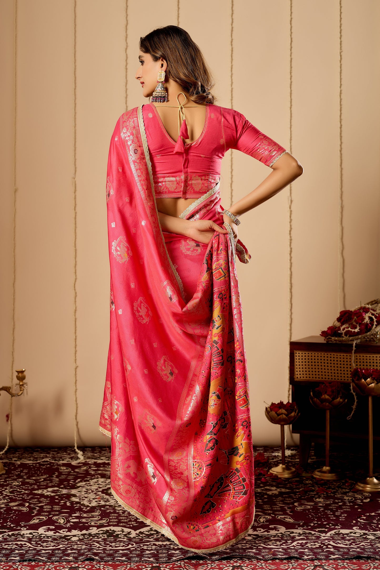 Elegant Rose Pink satin Silk Saree with Intricate Gold Zari Weaving and Traditional Motif Pallu