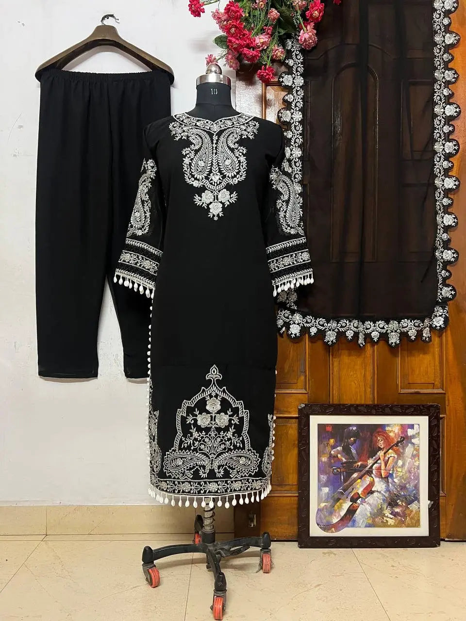 Georgette Zari Embroidery work Long Kurti Palazzo Dupatta Set