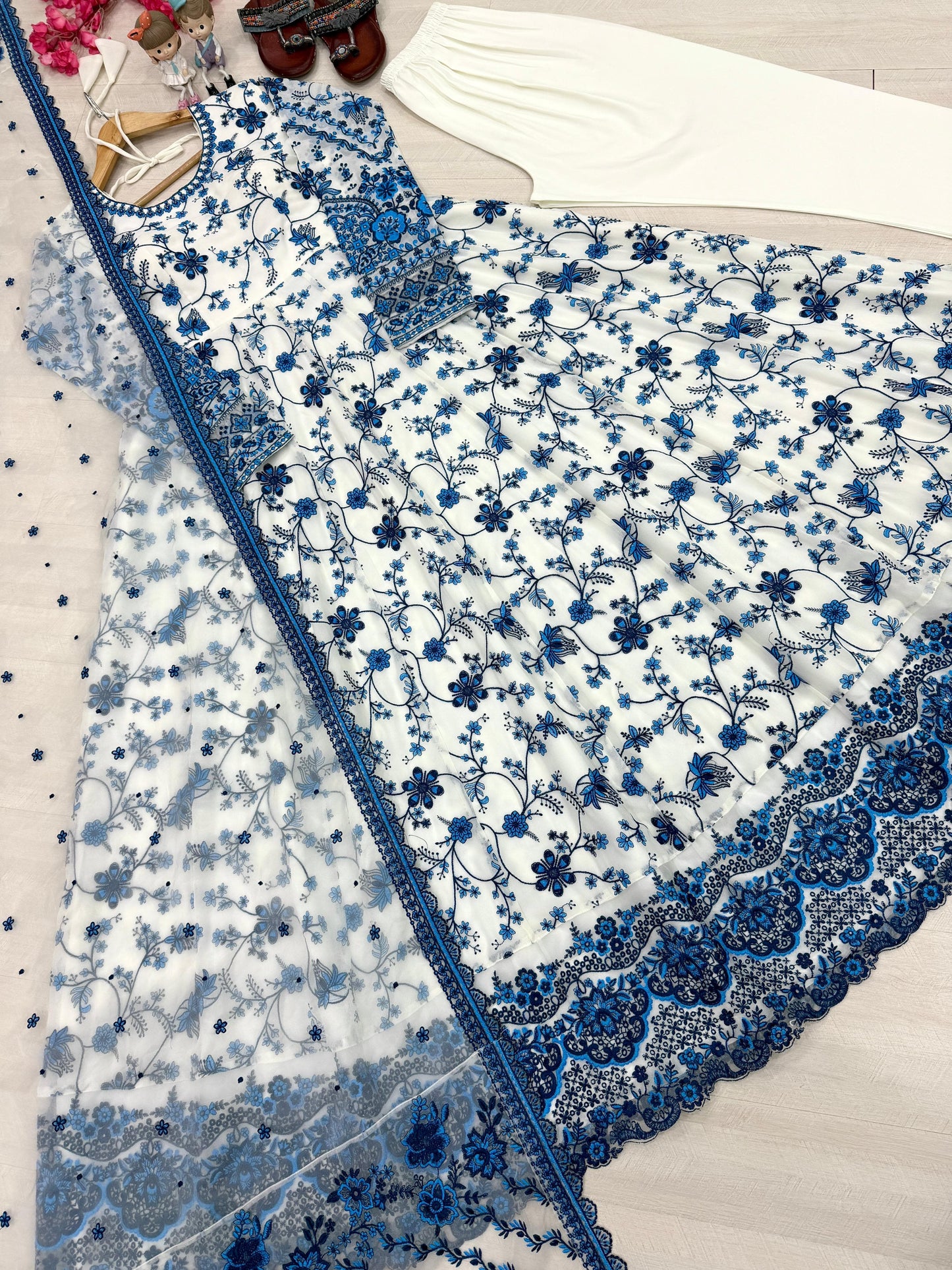 Faux Georgette Embroidery Work Summer Special Gown Pant Dupatta Set