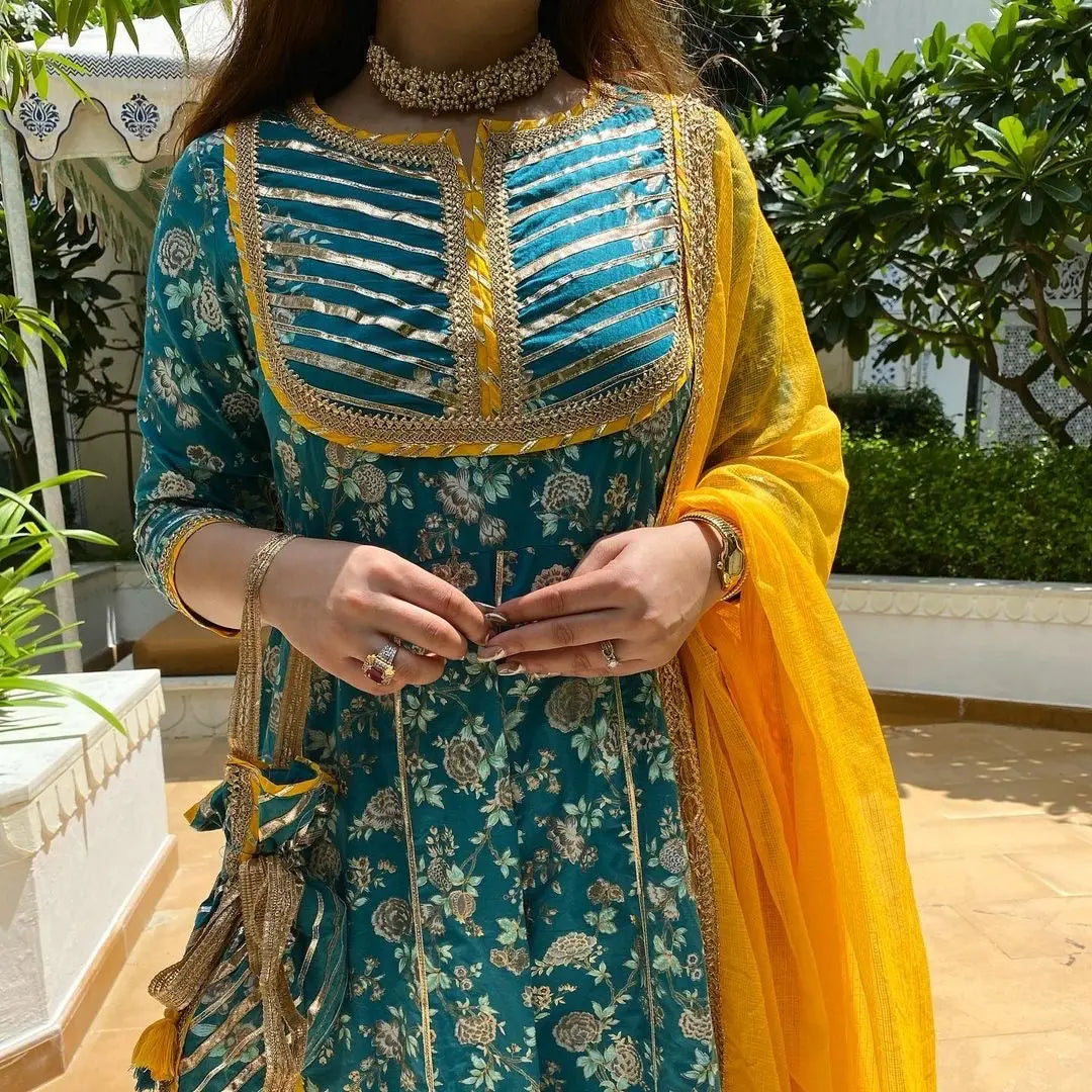 Gotta Work Flair Anarkali Kurti Pant Dupatta Set (Stitched)