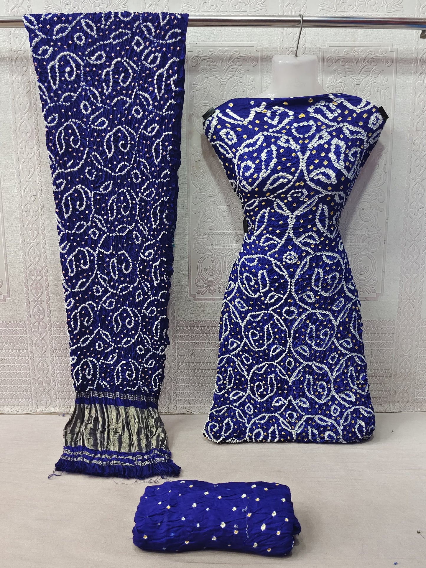 Modal Ghazi Silk barik Bandhej work Kutchi Bandhani Dress Material