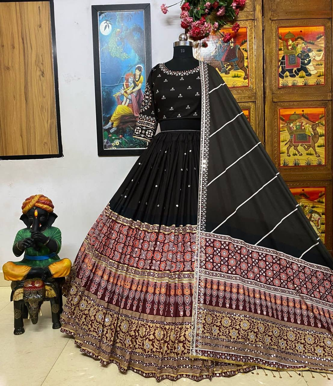 Heavy Muslin Real Mirror work Digital Print Chaniya Choli