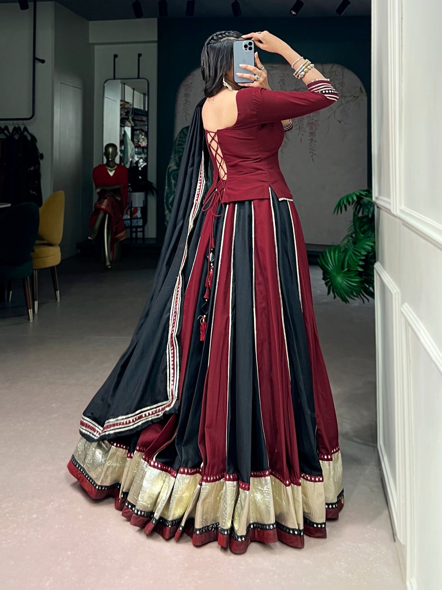 Chinon Golden Patta Work Designer Chaniya Choli Set – Ready to Wear, 6 Meter Flair