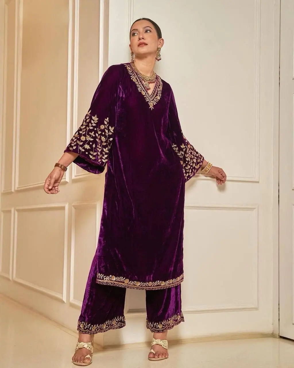 Lace work Velvet Kurti Pant Set ( Stitched)