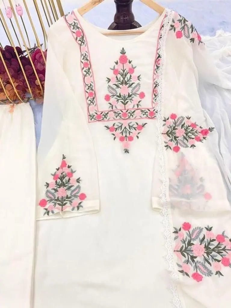 Georgette Embroidery work Kurti Pant Dupatta Set