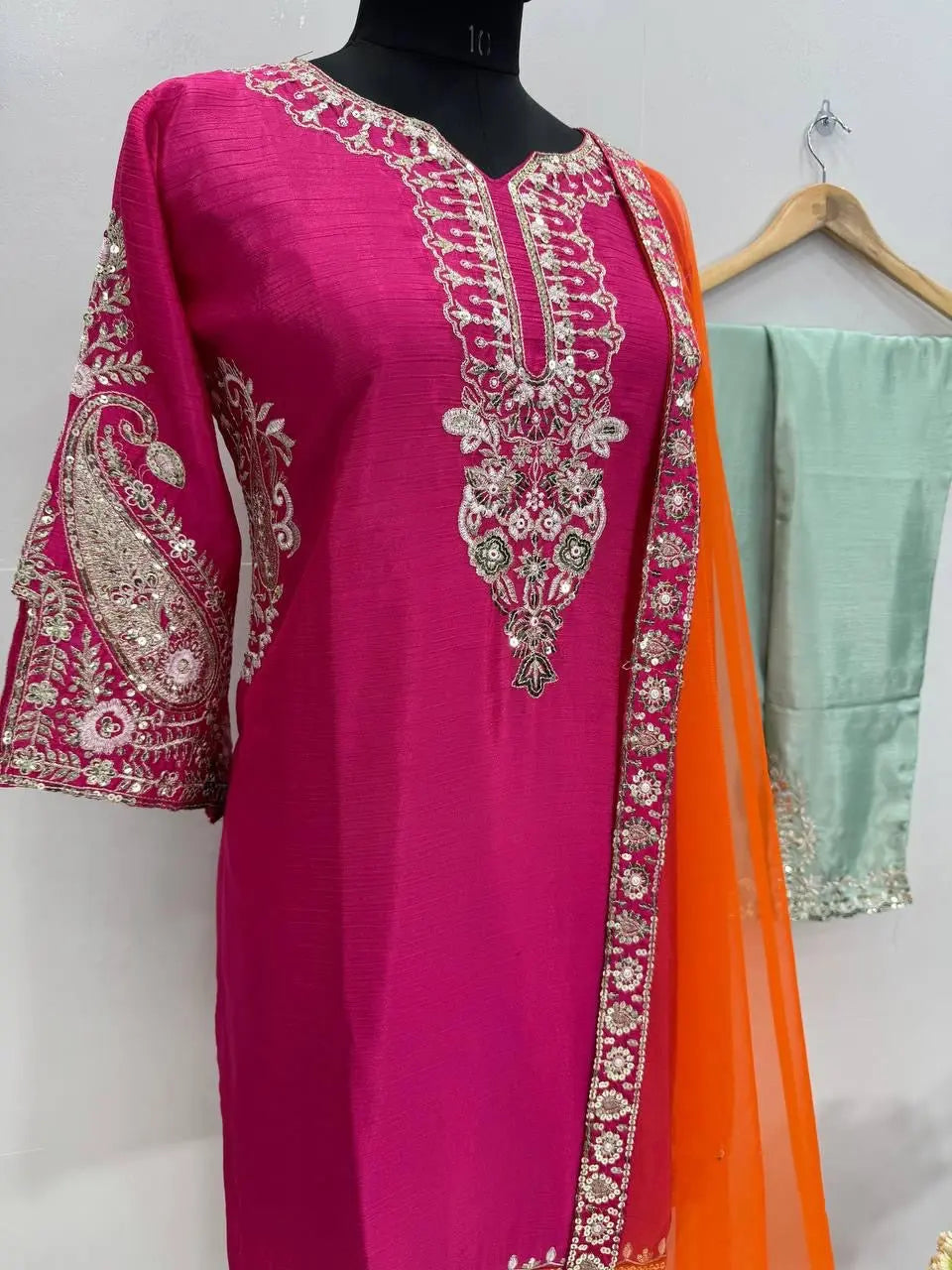 Heavy Chinon Sequence Embroidery work Kurti Palazzo Set (Stitched)