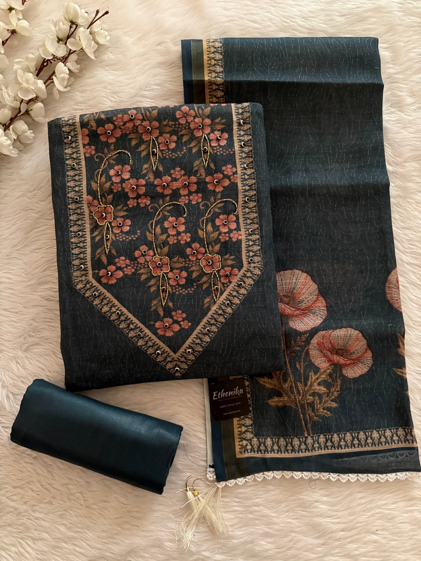 Handloom Cotton Digital Print With Stone Work Dress Material