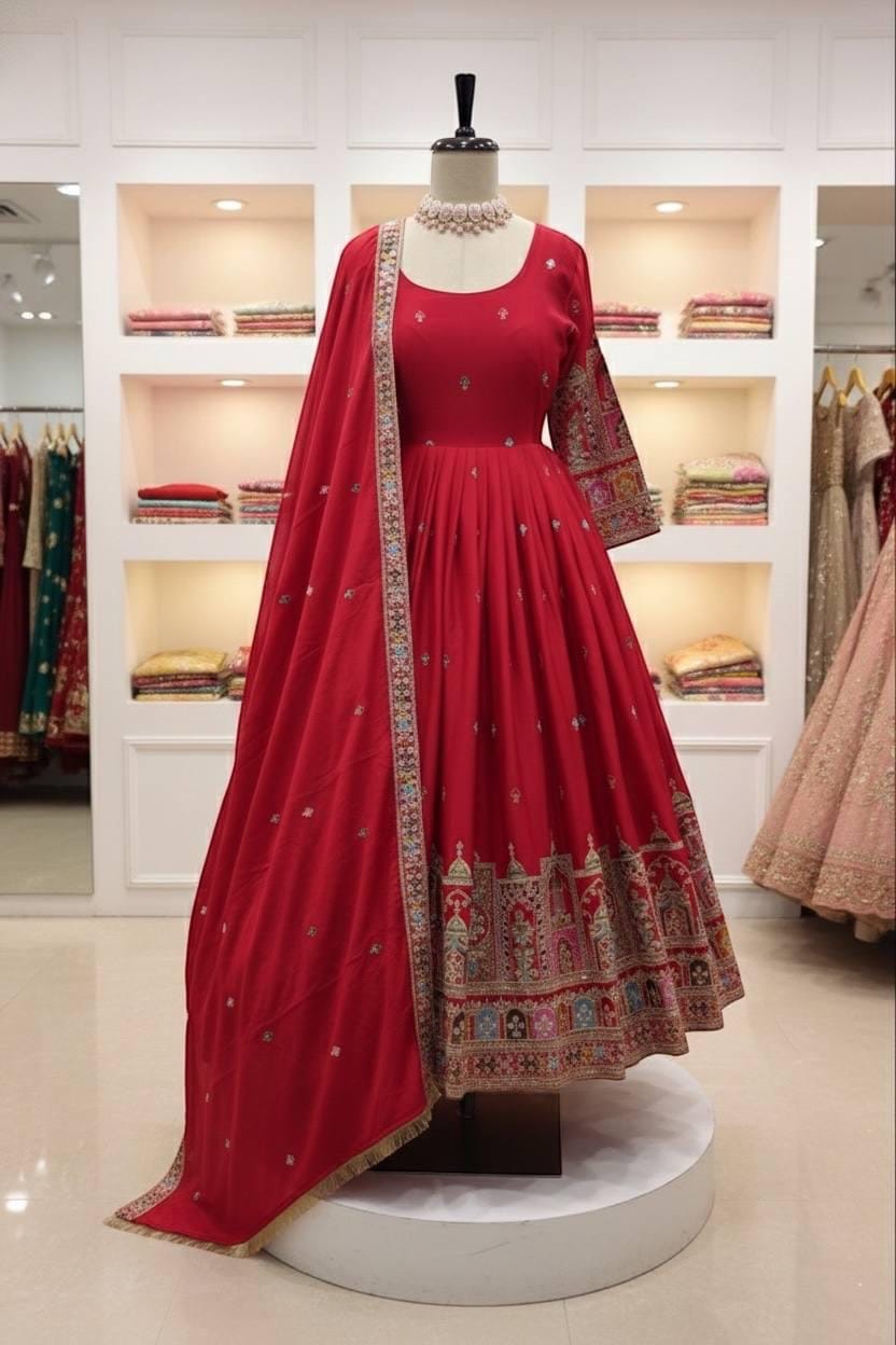 Chinon Silk Embroidery Work Gown Dupatta Pant Set