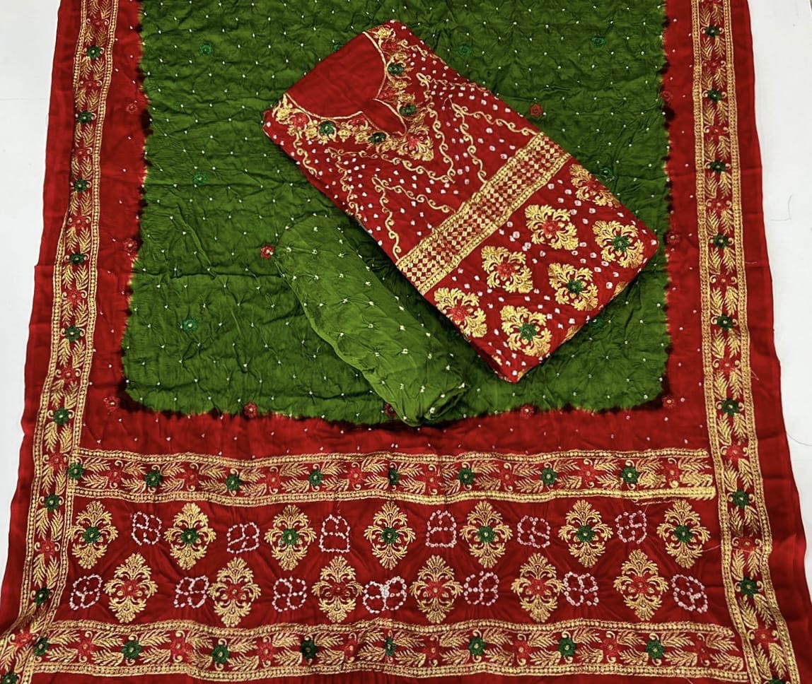 Modal Gazi Silk Kasab work Bandhani Dress Material
