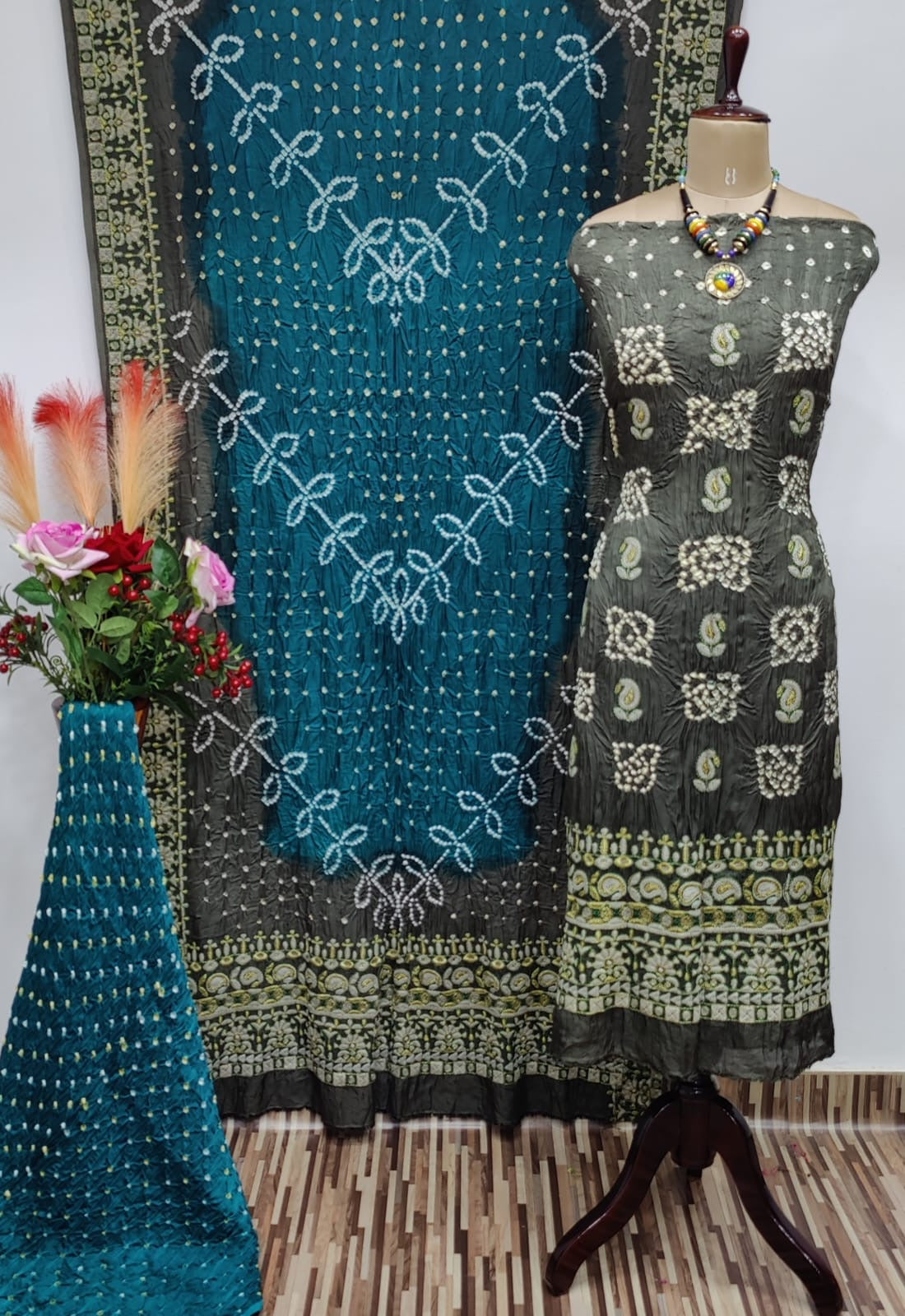 Ghazi Silk Lakhnavi Thread and Bandhani Work Bandhani Dress Material