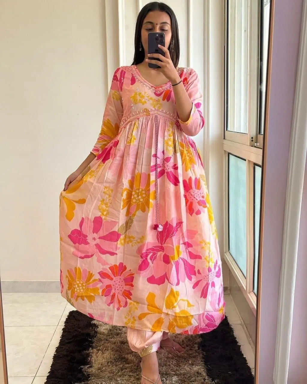 Floral Digital Print Lace embroidery work Afghani Kurti Pant Set