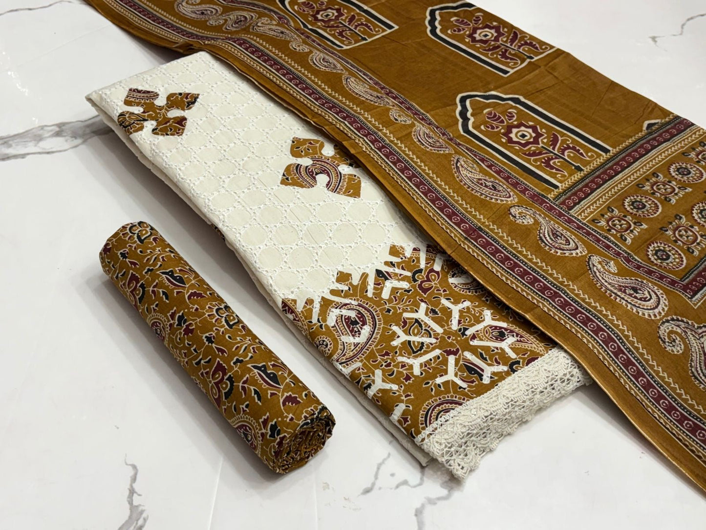 Hakoba Chikanwork with Ajrakh Block Print Summer 3Pc Cotton Dress Material