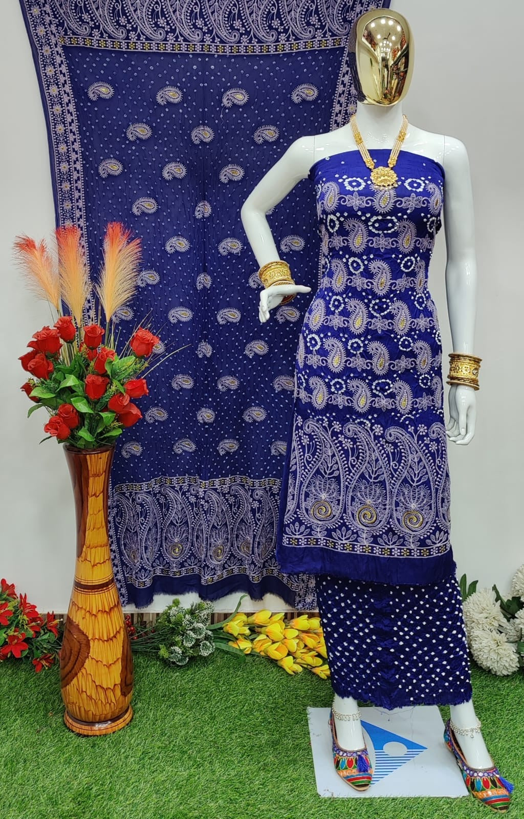 Modal Ghazi Silk Lakhnavi work Bandhani Salwar Material