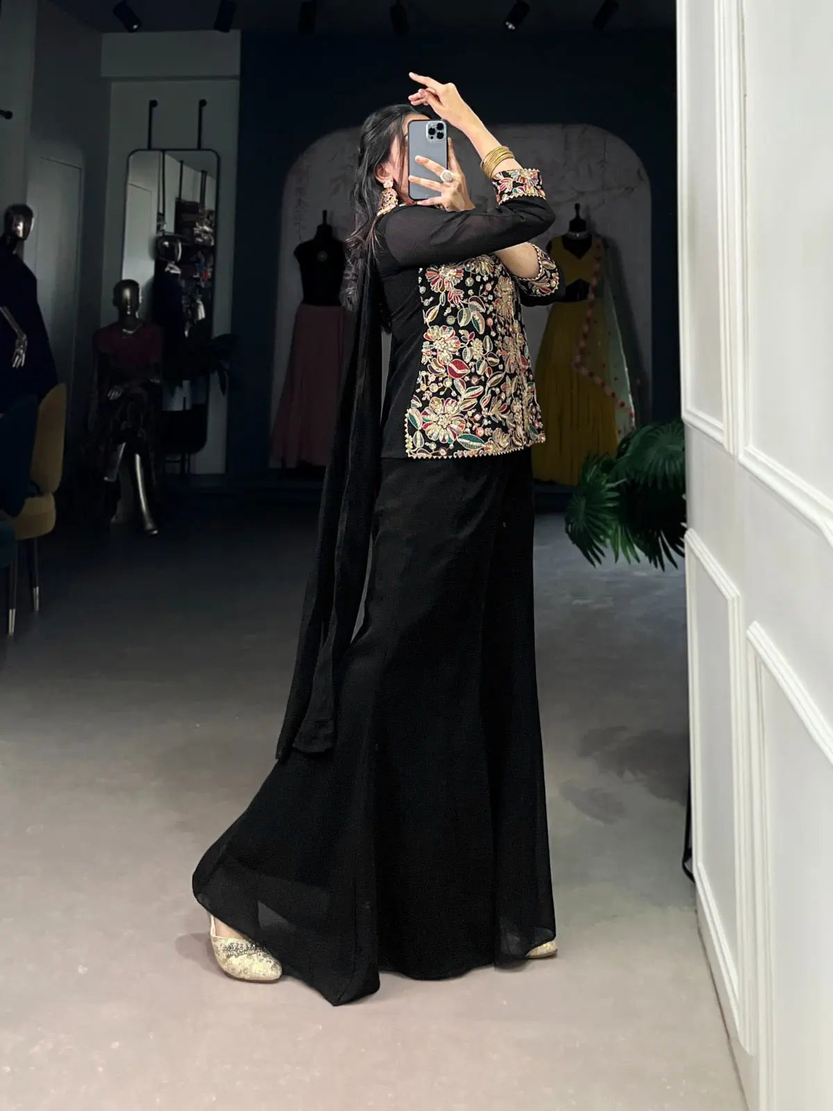 Georgette Threa Embroidery work Black Beauty Kurti Sharara Dupatta Set