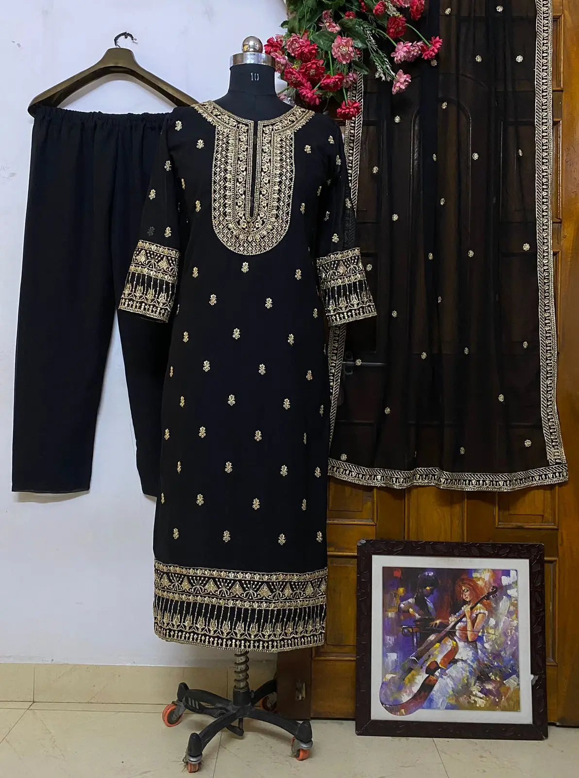 Georgette Neck Embroidery work Kurti Palazzo Dupatta Set