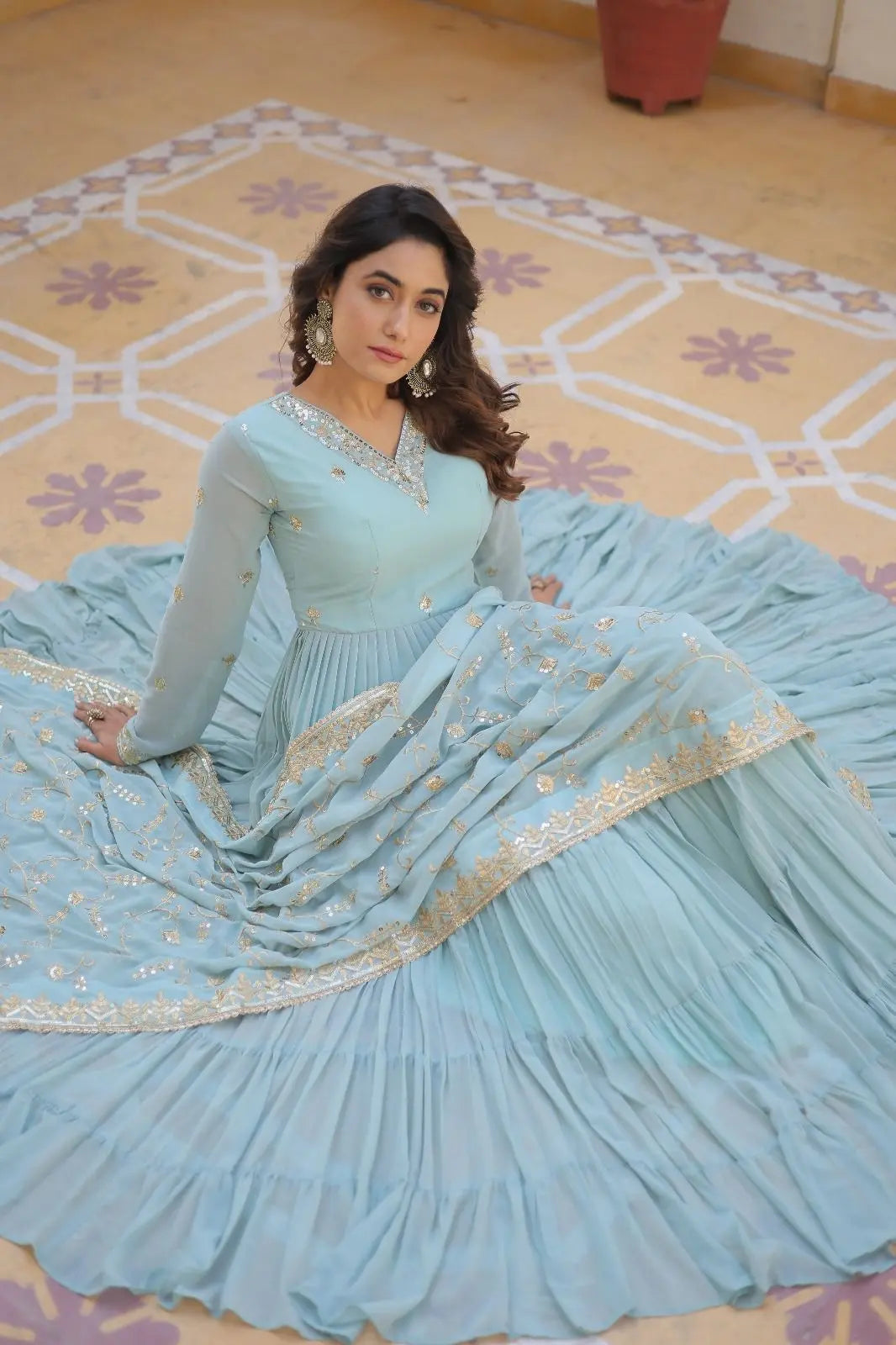 Faux Georgette seqence work Gown Dupatta Set
