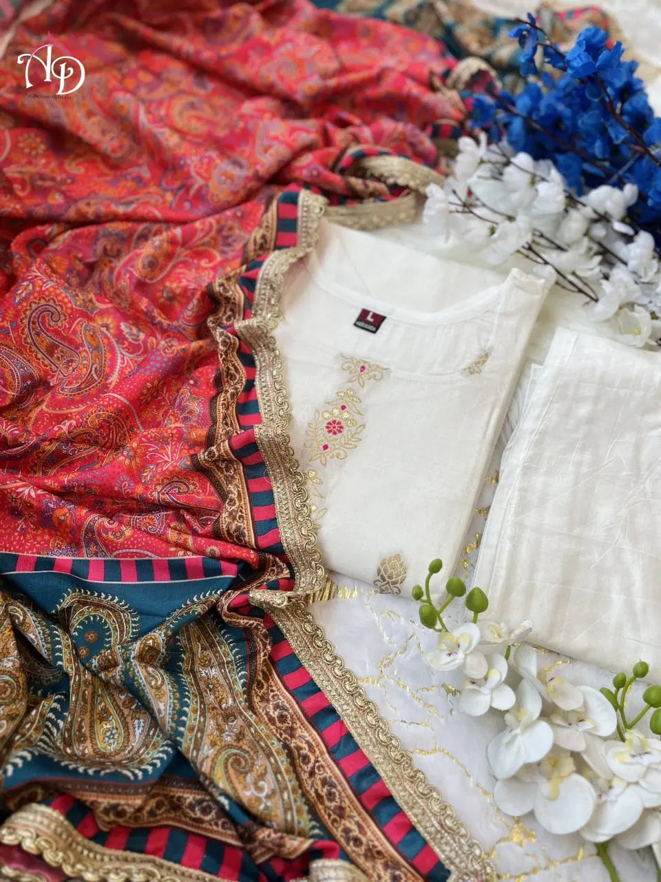 Jeckard Silk Embroidery Zari work Kurti Pant dupatta Set