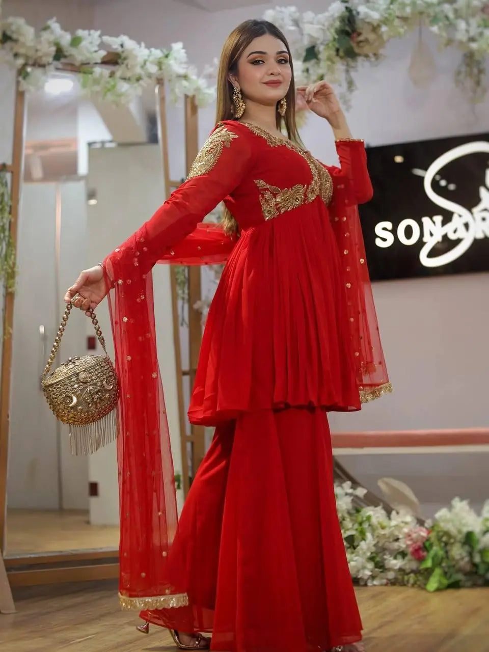 Karwa chauth Special Designed Neck work Red Kurti Sharara Dupatta Set (Ready to Wear)