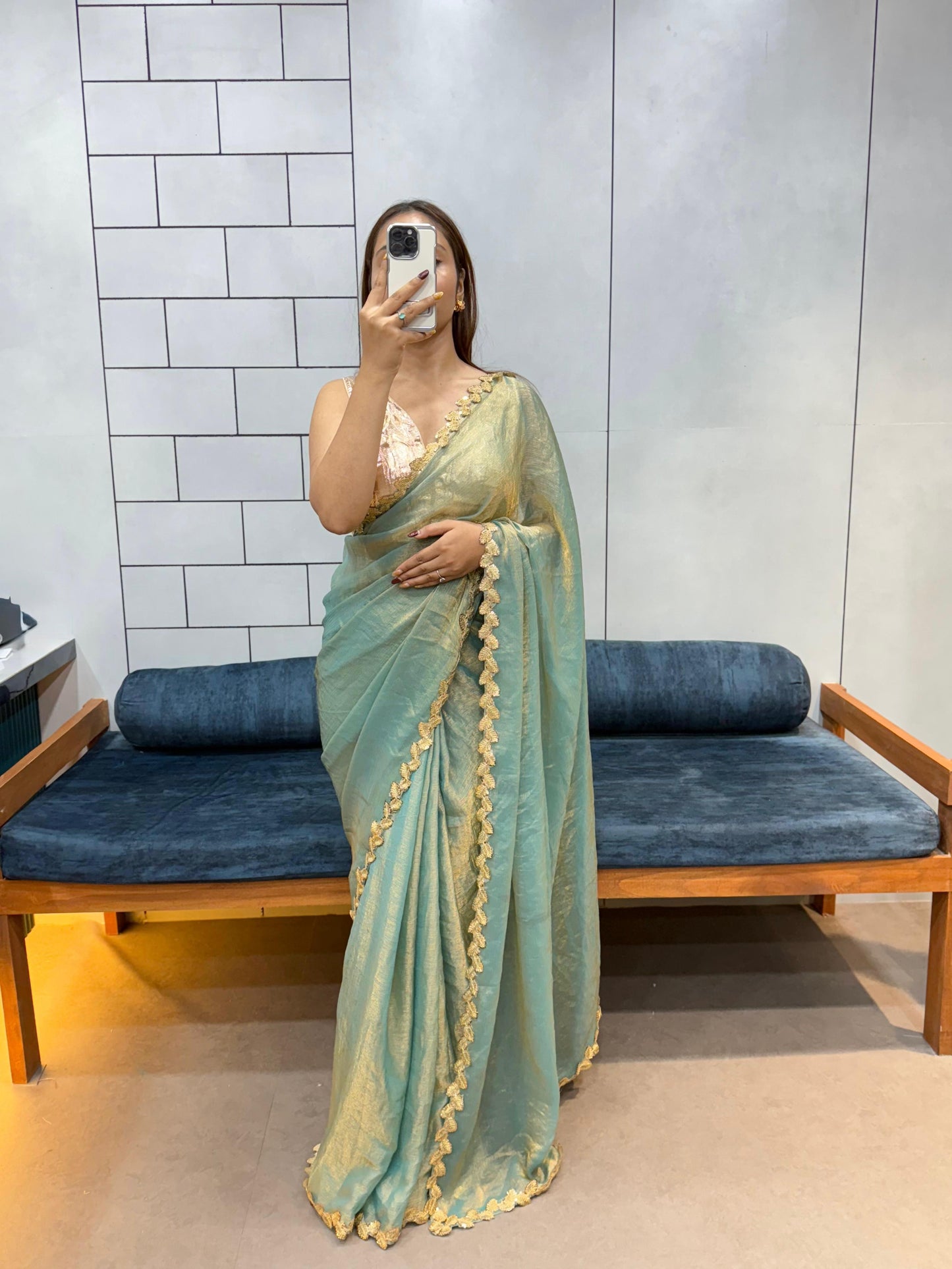 Dual tone space silk soft saree with contrast blouse