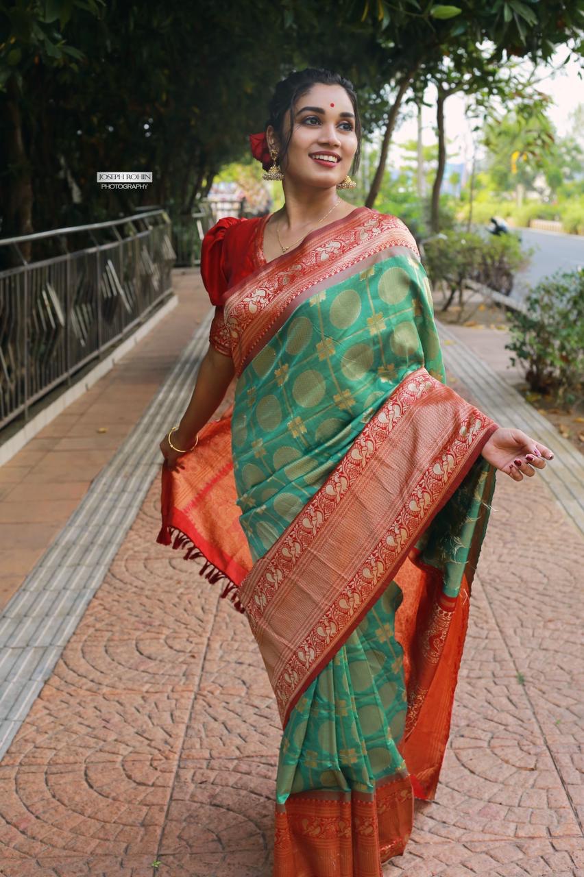Green & Red Banarasi Silk Saree for Wedding