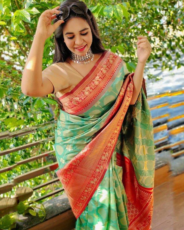 Green Soft Silk Jacquard Saree with Golden Zari Border