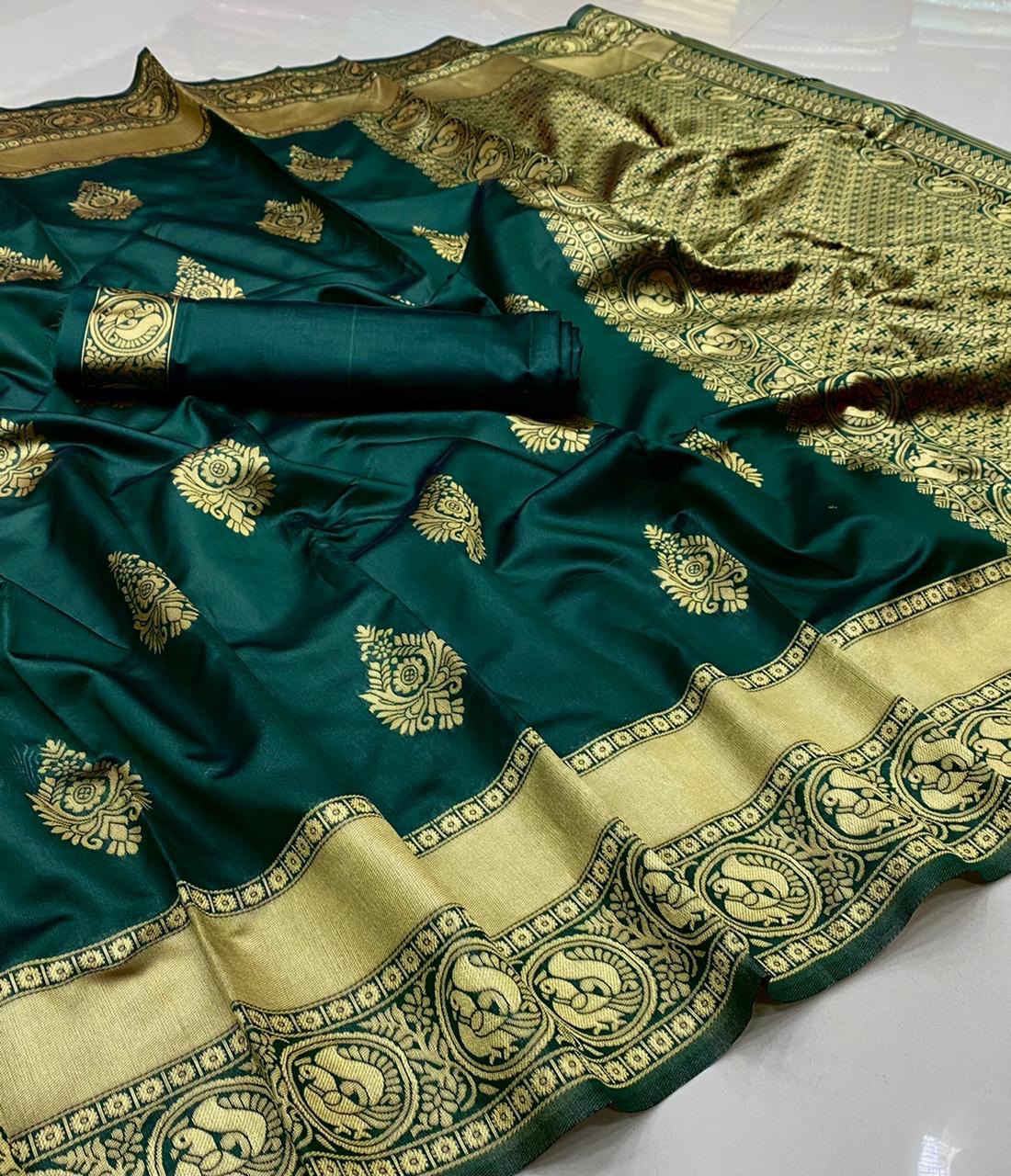 Green Soft Silk Banarasi Saree with Meena Work