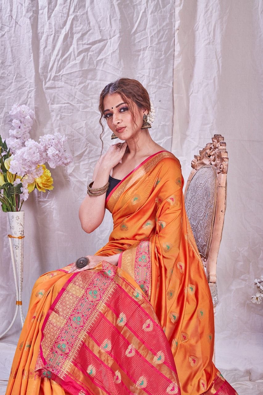 Orange Soft Silk jacquard Saree with Beautiful Rich Pallu
