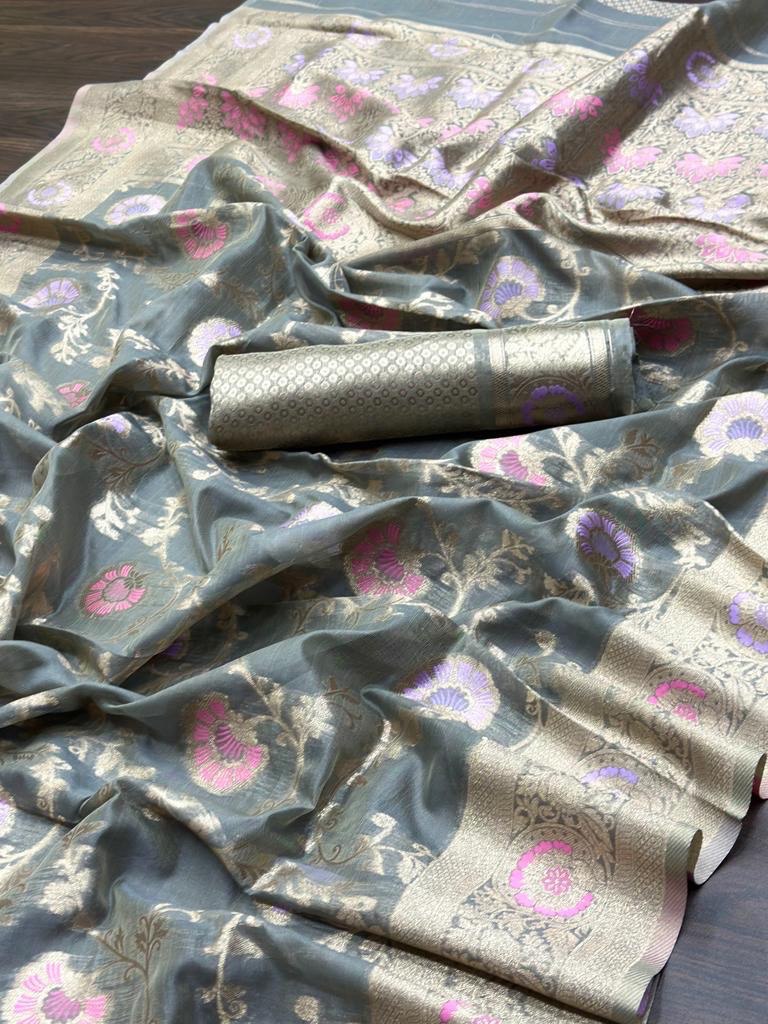 Grey Kanjivaram Organza Silk Saree for Wedding