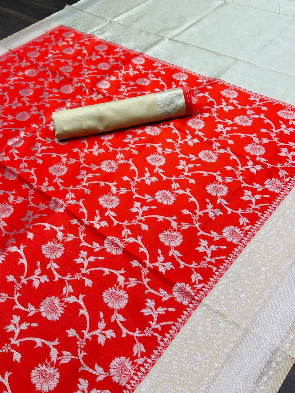 White & Red Banarasi Saree With Jacquard Work Border