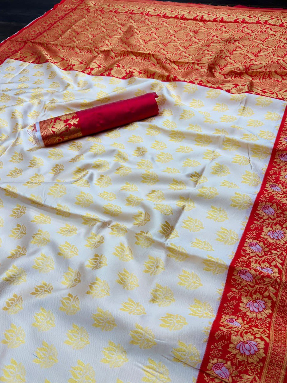 Red & White Soft Lichi Silk Saree For Puja