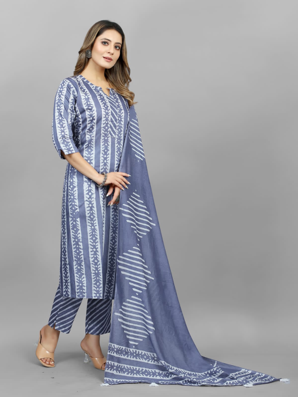 Hand Blocked Batik Kurti Pant Dupatta Set (Stitched)