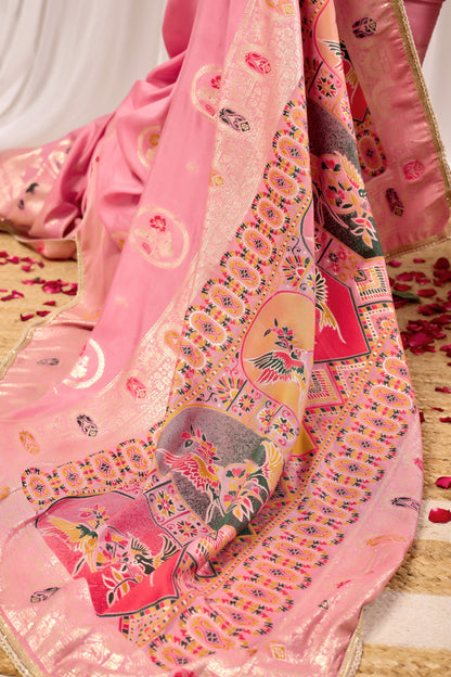 Elegant Soft Pink Woven Silk Saree with Classic Traditional Patterns, Designer Border and Luxurious Pallu