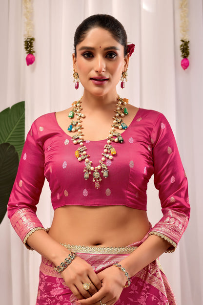 Elegant Rose Pink Floral Saree Featuring Traditional Motifs and Rich Zari Border for Festive Occasions