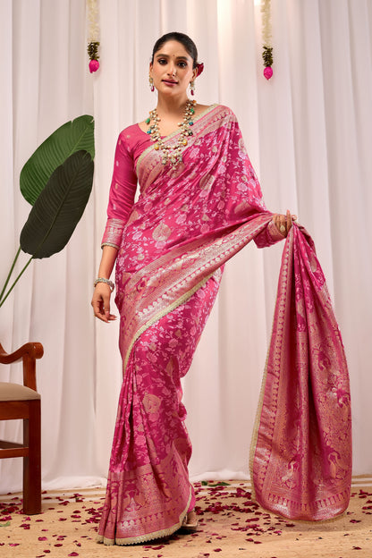 Elegant Rose Pink Floral Saree Featuring Traditional Motifs and Rich Zari Border for Festive Occasions
