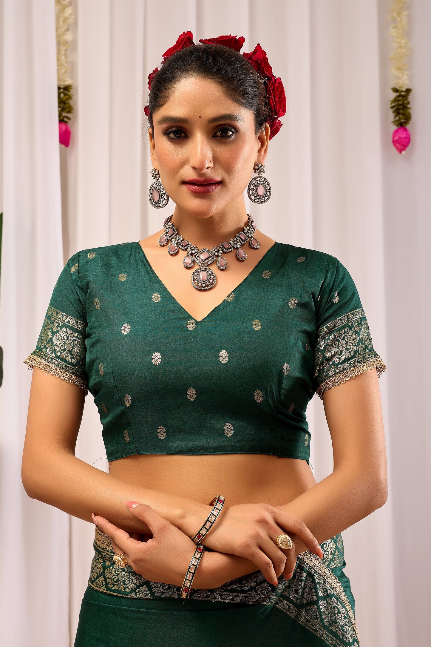 Emerald Royale  satin Silk Saree with Antique Gold Zari Paisley Weaving
