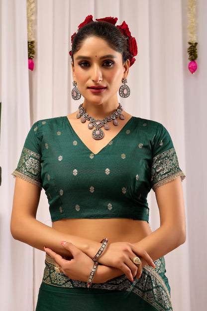 Emerald Royale  satin Silk Saree with Antique Gold Zari Paisley Weaving