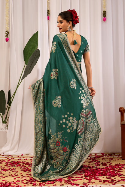 Emerald Royale  satin Silk Saree with Antique Gold Zari Paisley Weaving