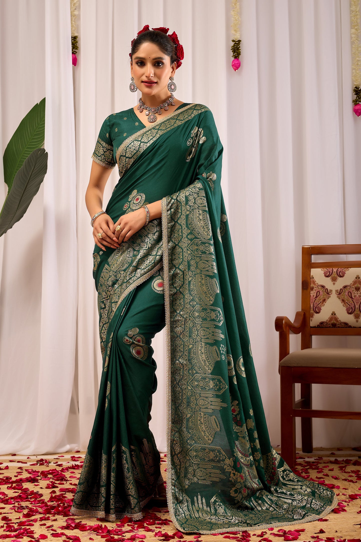 Emerald Royale  satin Silk Saree with Antique Gold Zari Paisley Weaving