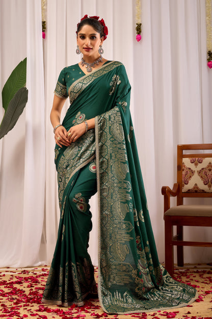 Emerald Royale  satin Silk Saree with Antique Gold Zari Paisley Weaving