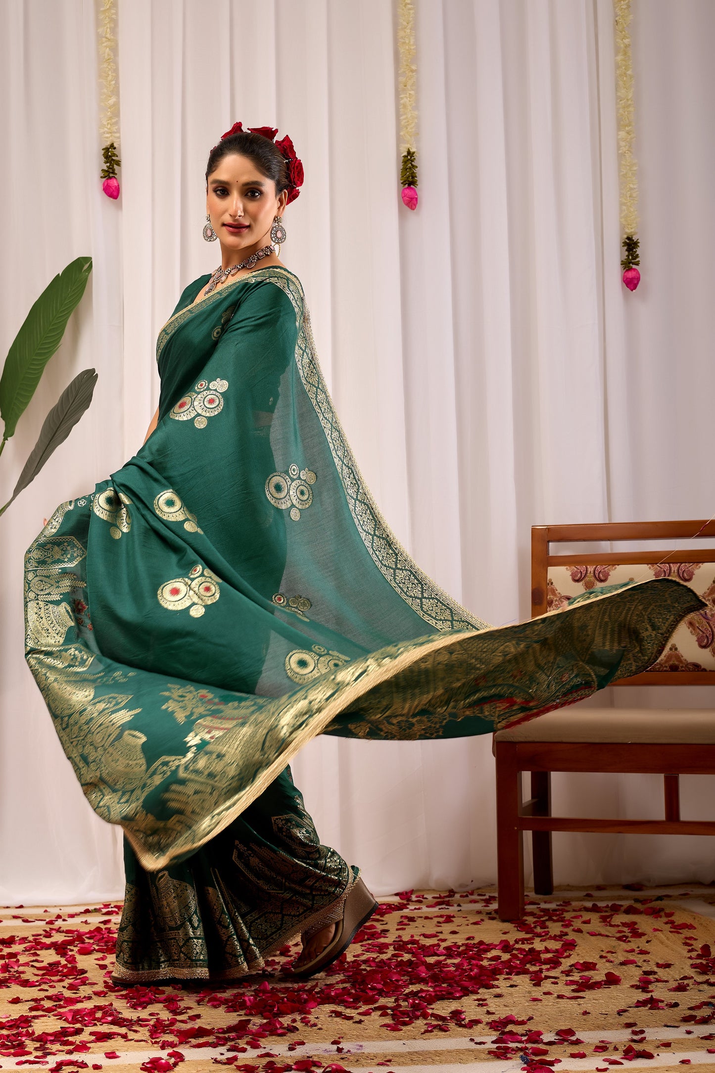 Emerald Royale  satin Silk Saree with Antique Gold Zari Paisley Weaving