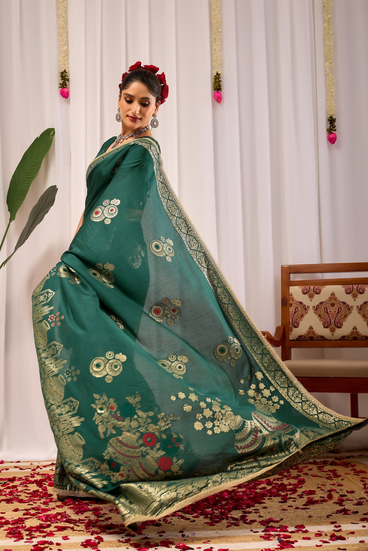 Emerald Royale  satin Silk Saree with Antique Gold Zari Paisley Weaving