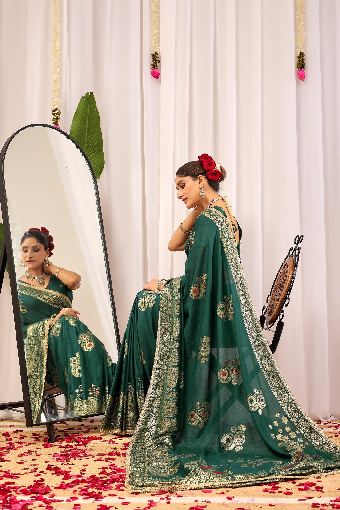 Emerald Royale  satin Silk Saree with Antique Gold Zari Paisley Weaving