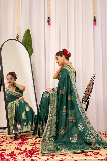 Emerald Royale  satin Silk Saree with Antique Gold Zari Paisley Weaving
