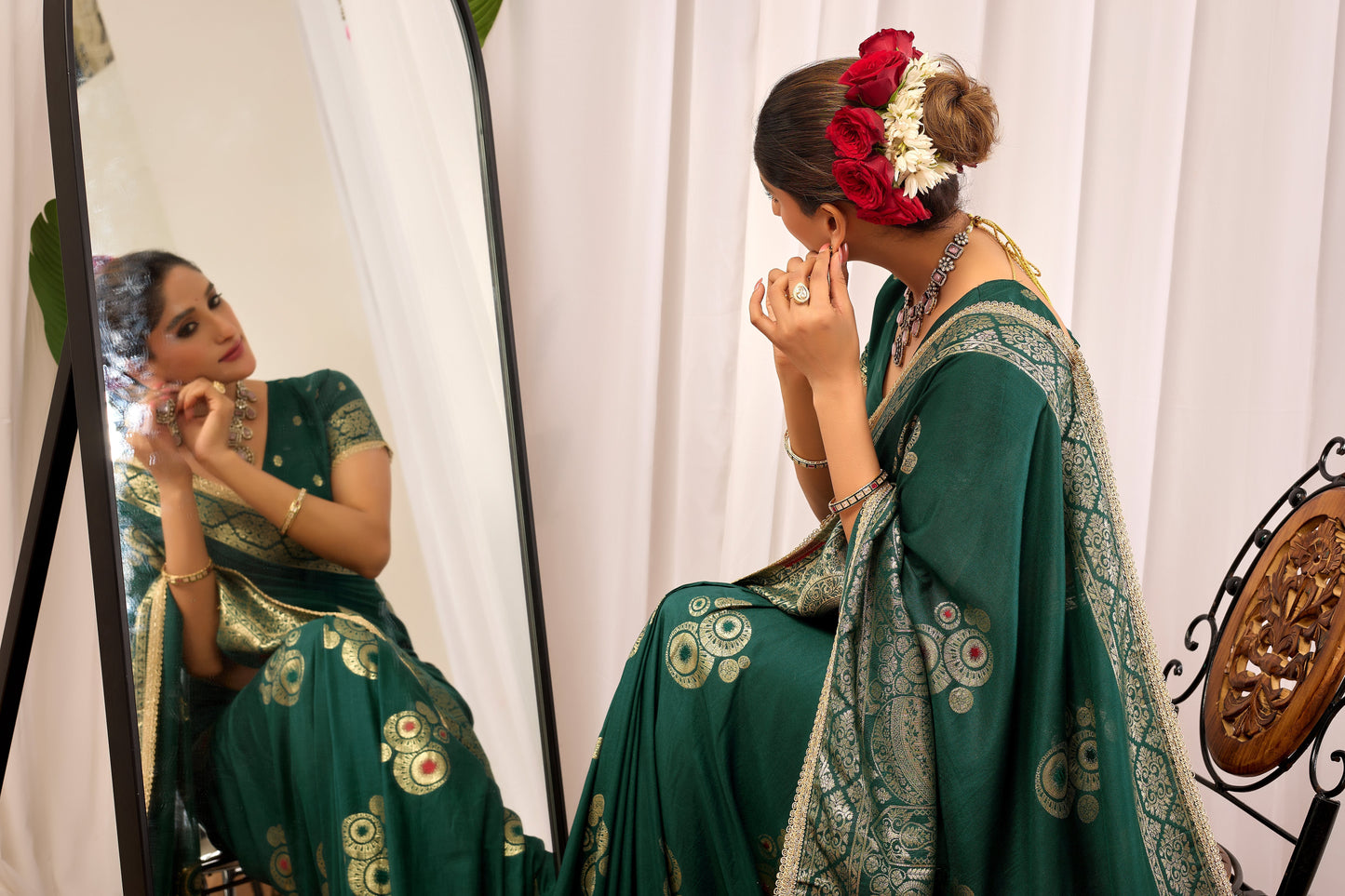 Emerald Royale  satin Silk Saree with Antique Gold Zari Paisley Weaving
