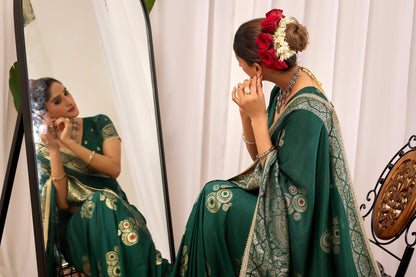 Emerald Royale  satin Silk Saree with Antique Gold Zari Paisley Weaving