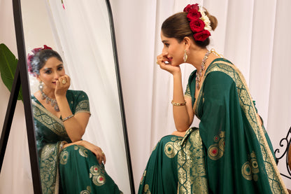 Emerald Royale  satin Silk Saree with Antique Gold Zari Paisley Weaving