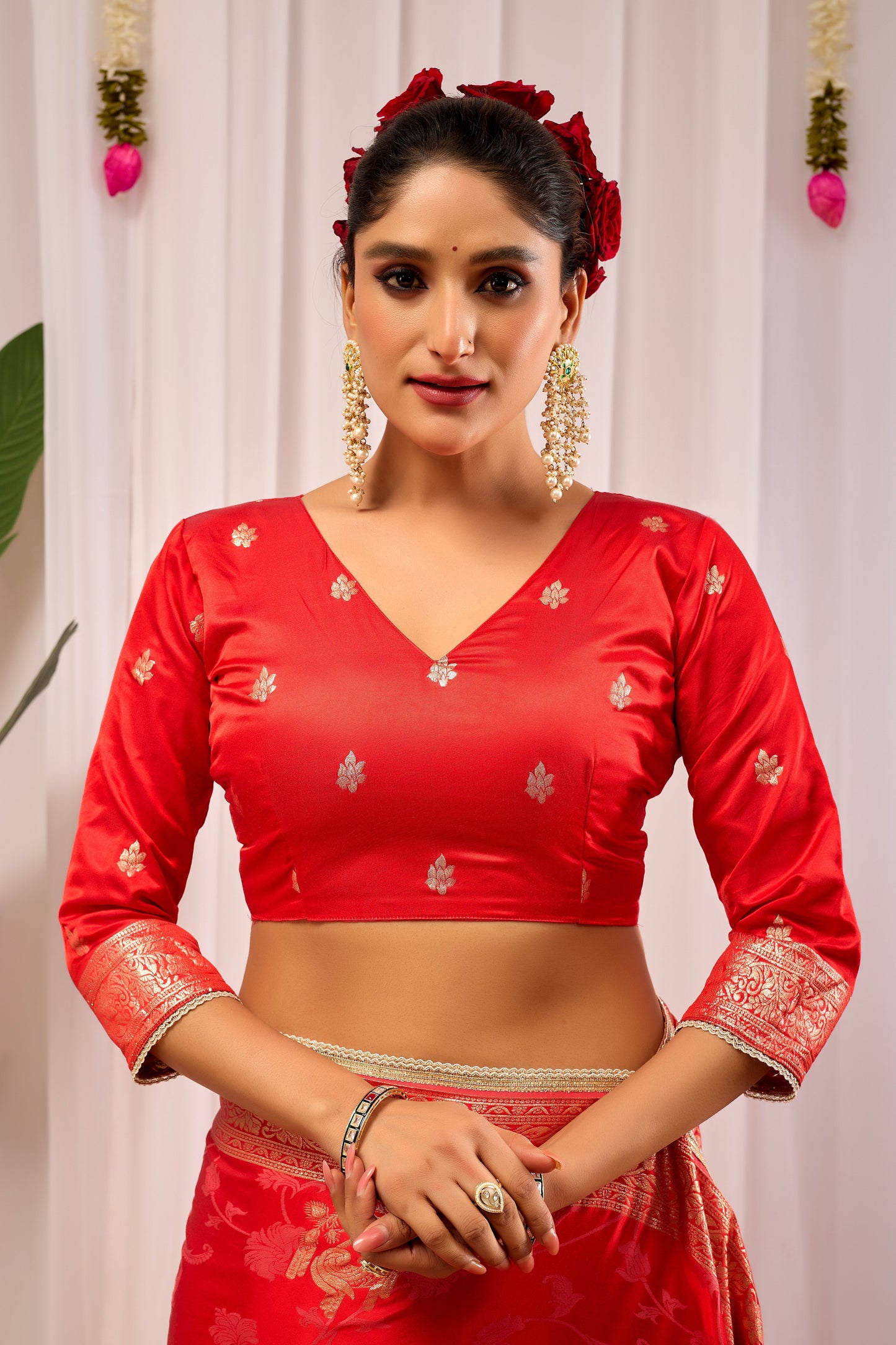Crimson Elegance Satin Silk Saree with Golden Zari Detailing