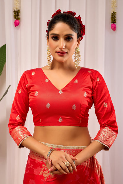 Crimson Elegance Satin Silk Saree with Golden Zari Detailing