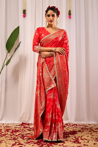 Crimson Elegance Satin Silk Saree with Golden Zari Detailing